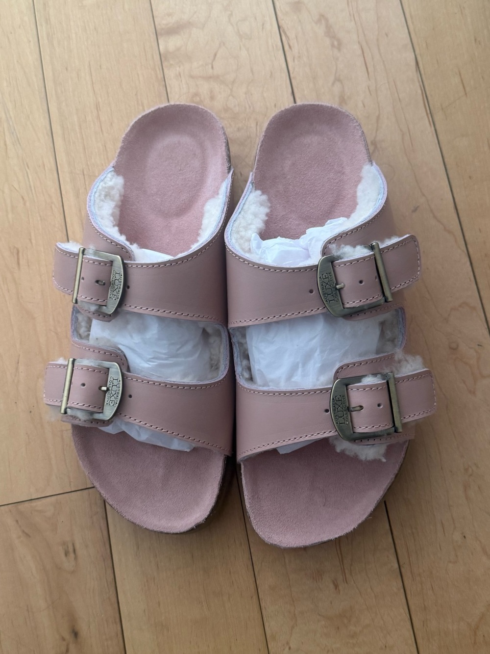 Australia Luxe Collective Brown Double-Buckle Shearling Lined Sandals